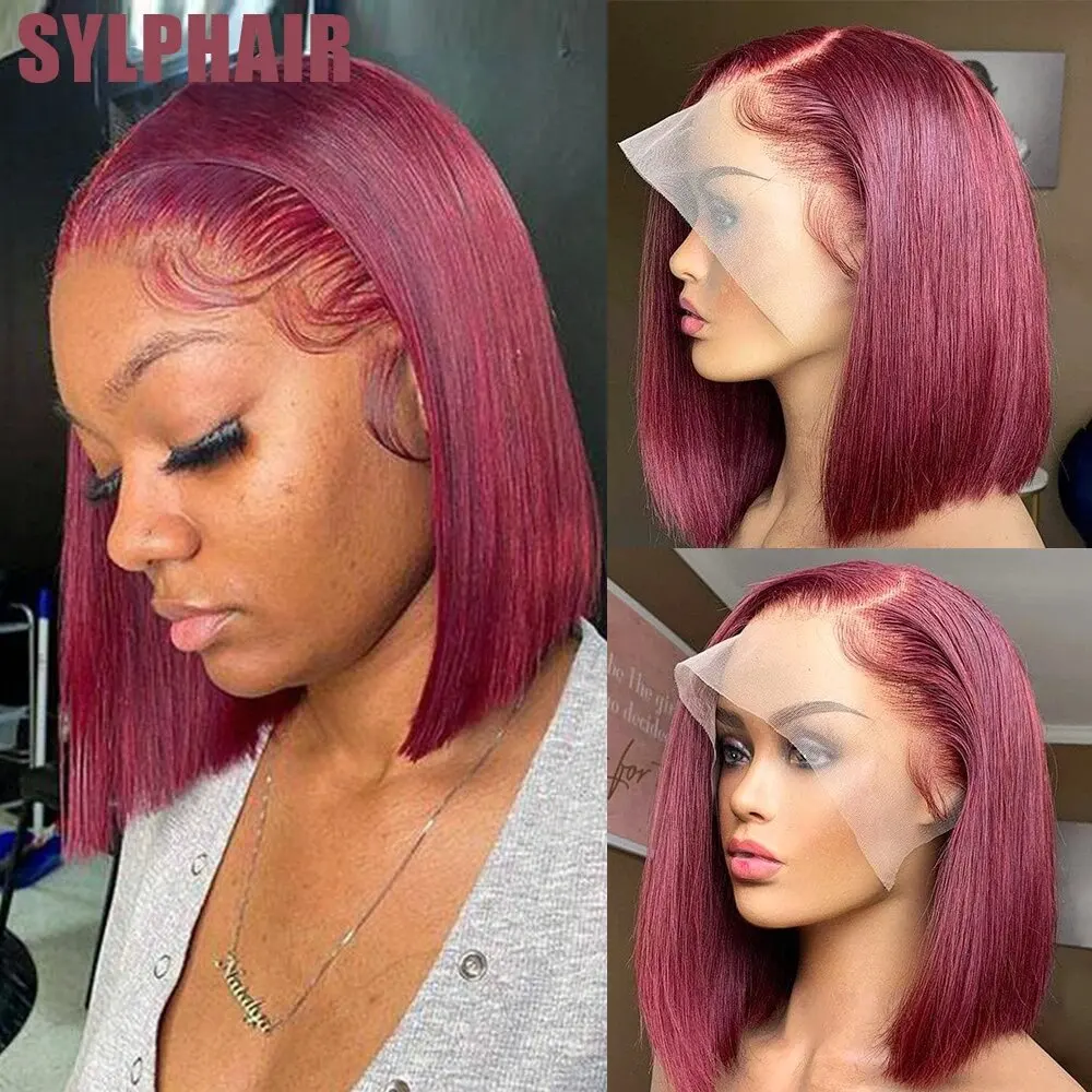 Burgundy Short bob wig Pre Pluckes 13X4 Colored Human Hair Lace Frontal Wigs Ombre 4x4 Closure 99J Red Straight Bob Lace Front W