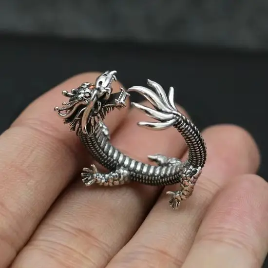 Vintage Thai Silver Ring, Men's Sterling Silver S925 Blue Dragon Leading Ring, Dominant and Personalized Chinese Style First Jew