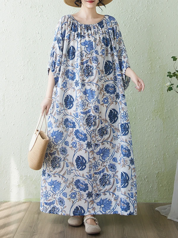 

Simple Print Loose Long Dress Lantern Sleeve Covering Meat Slimming Robe Large Size Cotton Casual Women's Dress