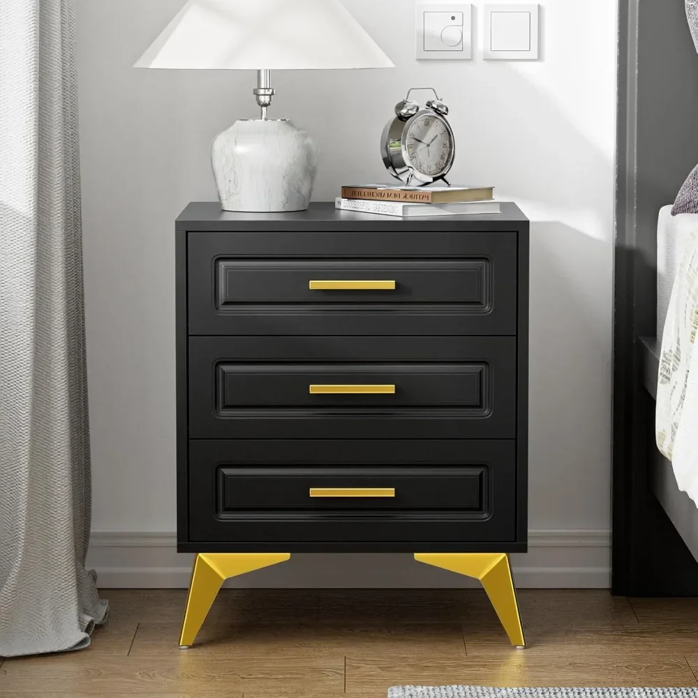 

3 Drawers Modern Bedside Table with Metal Legs & Handles, Wood Nightstand Sofa End Side Table for 15.75" D x 19.7" W x 24" H