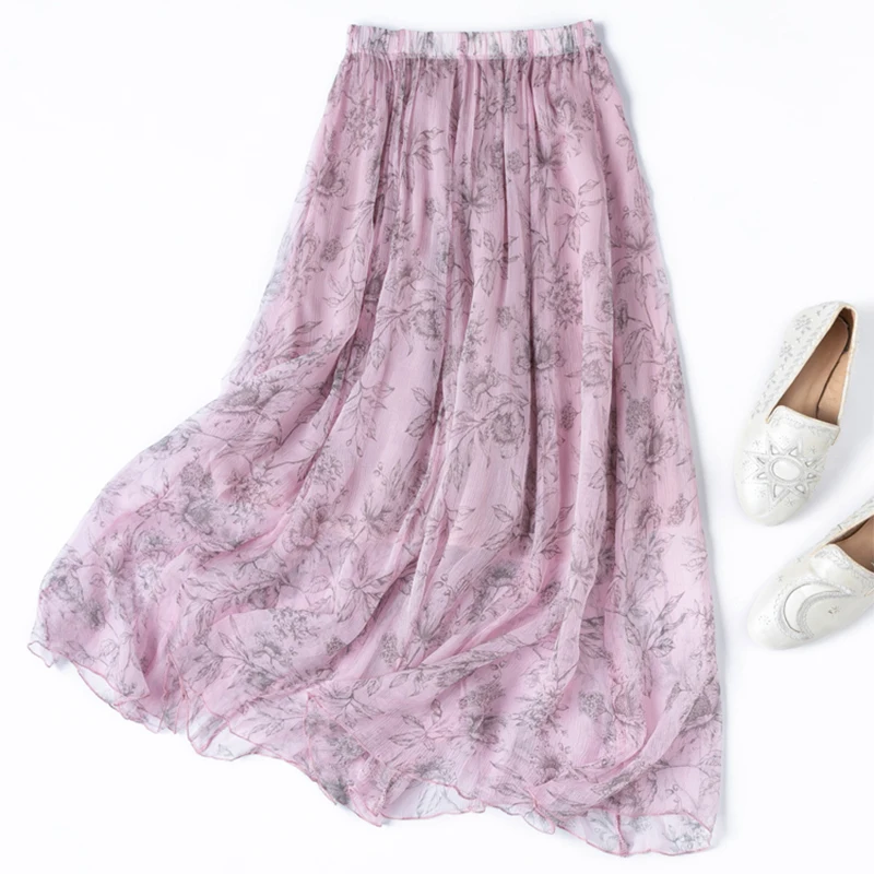

Women Skirt 100% Mulberry Silk Pink Floral Printed Elastic Waist With Silk Lining Summer Beach Big Hem Double-layer Skirt M1372