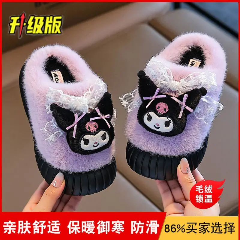 

Хлопковые тапочки Sanrio Kuromi для девочек, детские домашние теплые нескользящие уличные зимние тапочки без шнуровки, хлопковая обувь