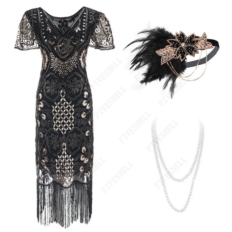 Damen Vintage Spitze Art Deco Fransen Gatsby 1920s Kostüm kleid mit 20s Accessoires Set plus Größe