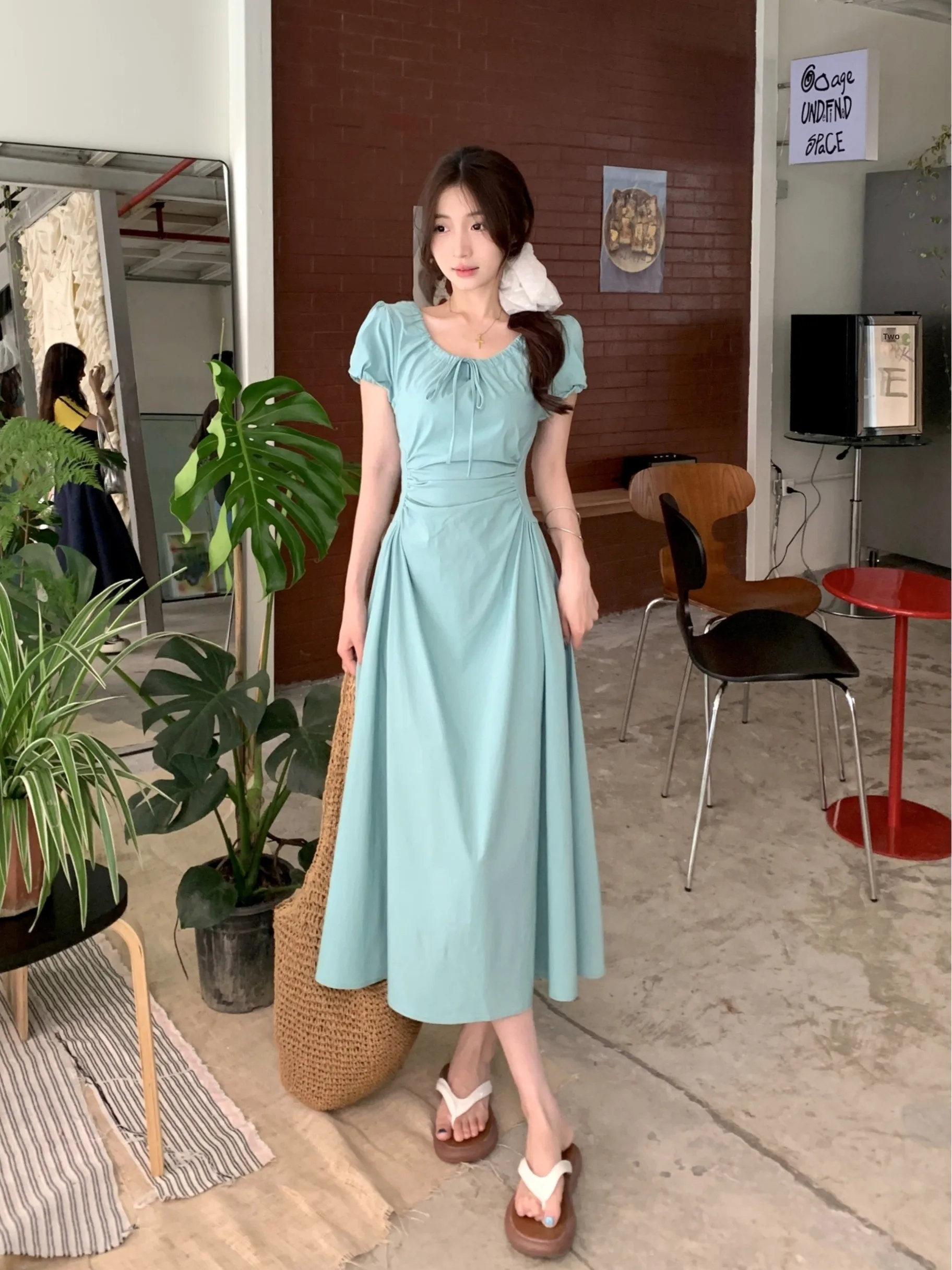 

plus Size Women's Bubble Sleeve Dress Summer New Waist Cinching Slimming Design Belted A-Line Long Dress Korean Style Citywalk