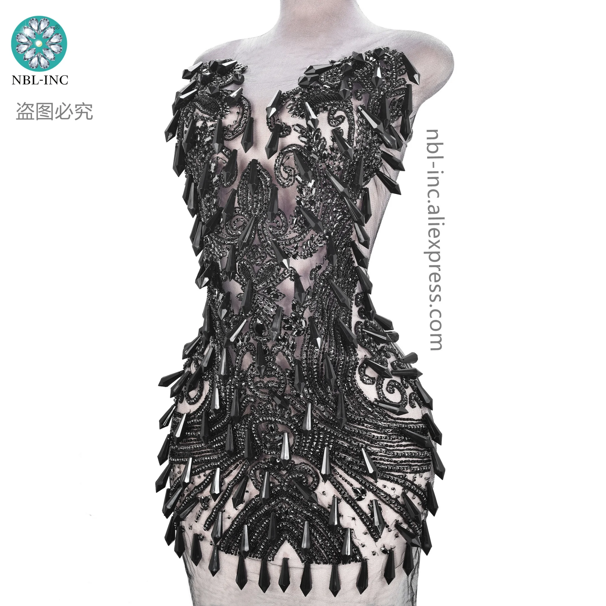 (1PC) Luxury black crystal rhinestone bodice applique patch hand sewn for wedding prom evening dress WDD1405