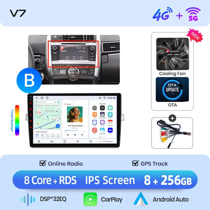 Junsun draadloze CarPlay Android Auto autoradio voor Toyota Verso (ZGR20/AUR20) 2009-2018 met ingebouwde koelventilator, Android GPS navigatie, multimediaspeler, WiFi, DSP, RDS, BT, SWC, IPS