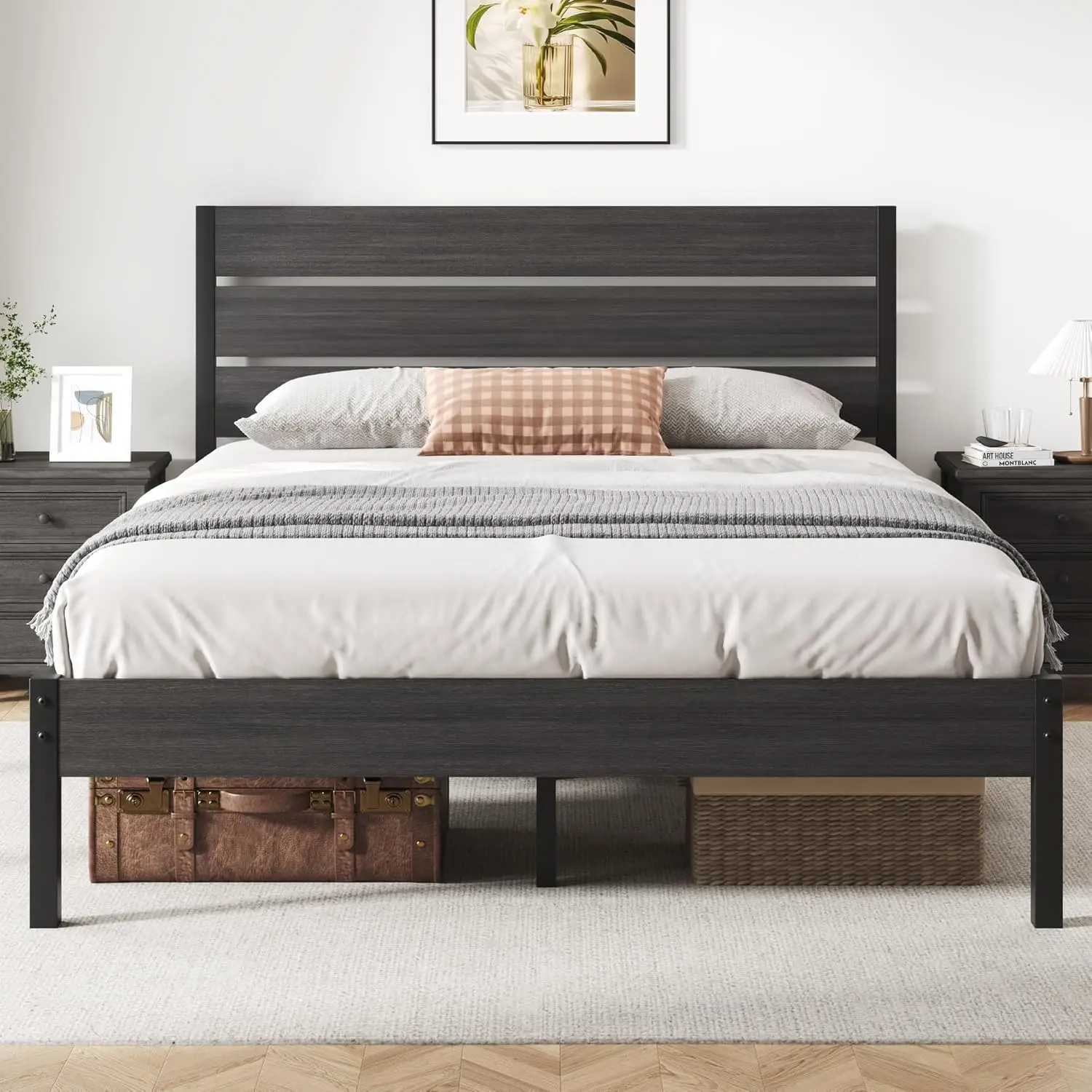 Queen Bed Frame W/Headboard and Footboard, W/ Under Bed Storage, All-Metal Support System, No Box Spring Needed, Easy Assembly