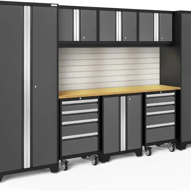 Bold Series Gray 10 Piece Set, Steel Garage Cabinets with Bamboo Worktop
