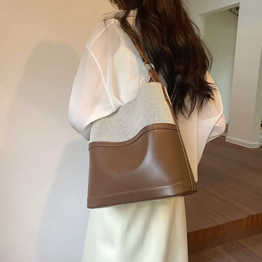 

Patchwork PU Leather Shoulder Bag Large Capacity Casual Retro Underarm Bag Handbag Korean Style Women Bucket Bag Vacation
