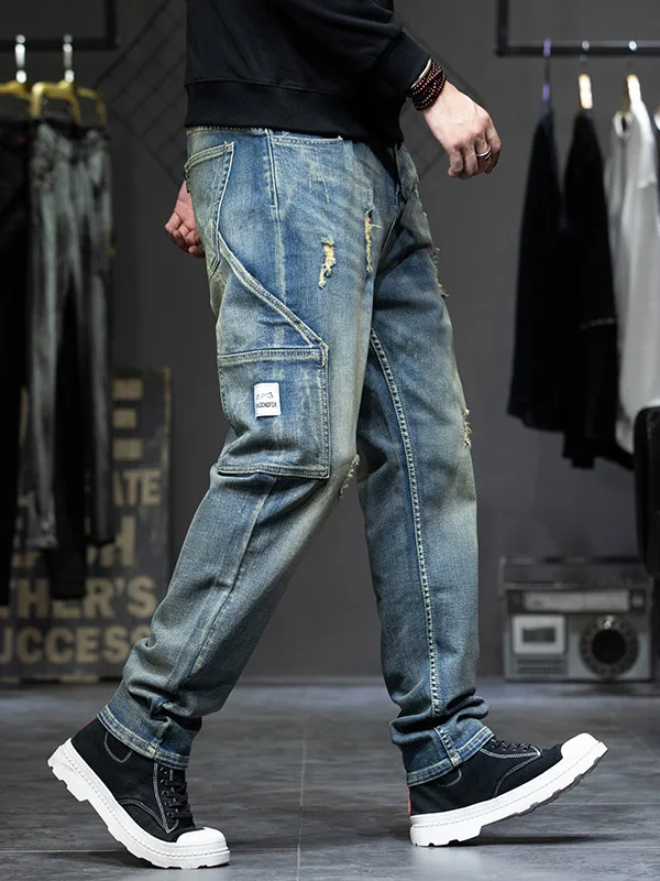 

Retro Sle Men's Loose Straight Leg Jeans Hole Punching Cool And Haome Large Size Casual Comfortable Denim Pants