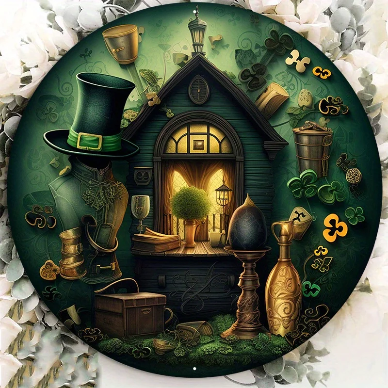 20,3 x 20,3 cm großes Aluminium-Metallschild – Kobold und Kleeblatt, St. Patrick's Day-Kranz-Dekor, glitzernder grüner Hut, goldene Münzen, Kleeblatt und
