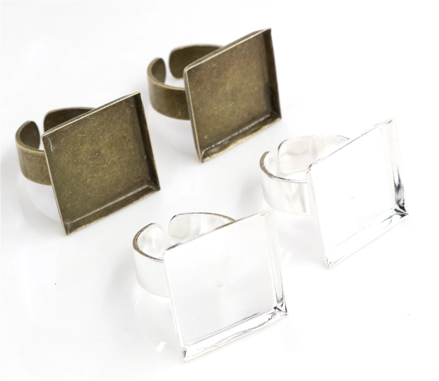 20mm 10pcs Silver Plated And Bronze Colors Plated Square Adjustable Ring Settings Blank/Base,Fit 20mm Glass Cabochons,Buttons