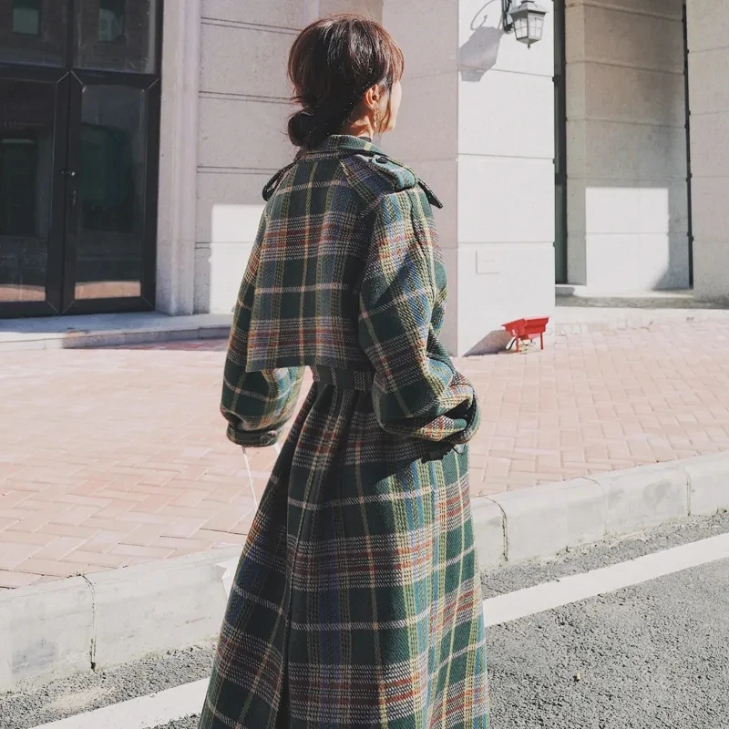 Veste en laine à carreaux vintage pour femmes, pardessus élégant, ceinture longue adt, manteau à simple boutonnage, nouveau coupe-vent en laine, printemps et automne