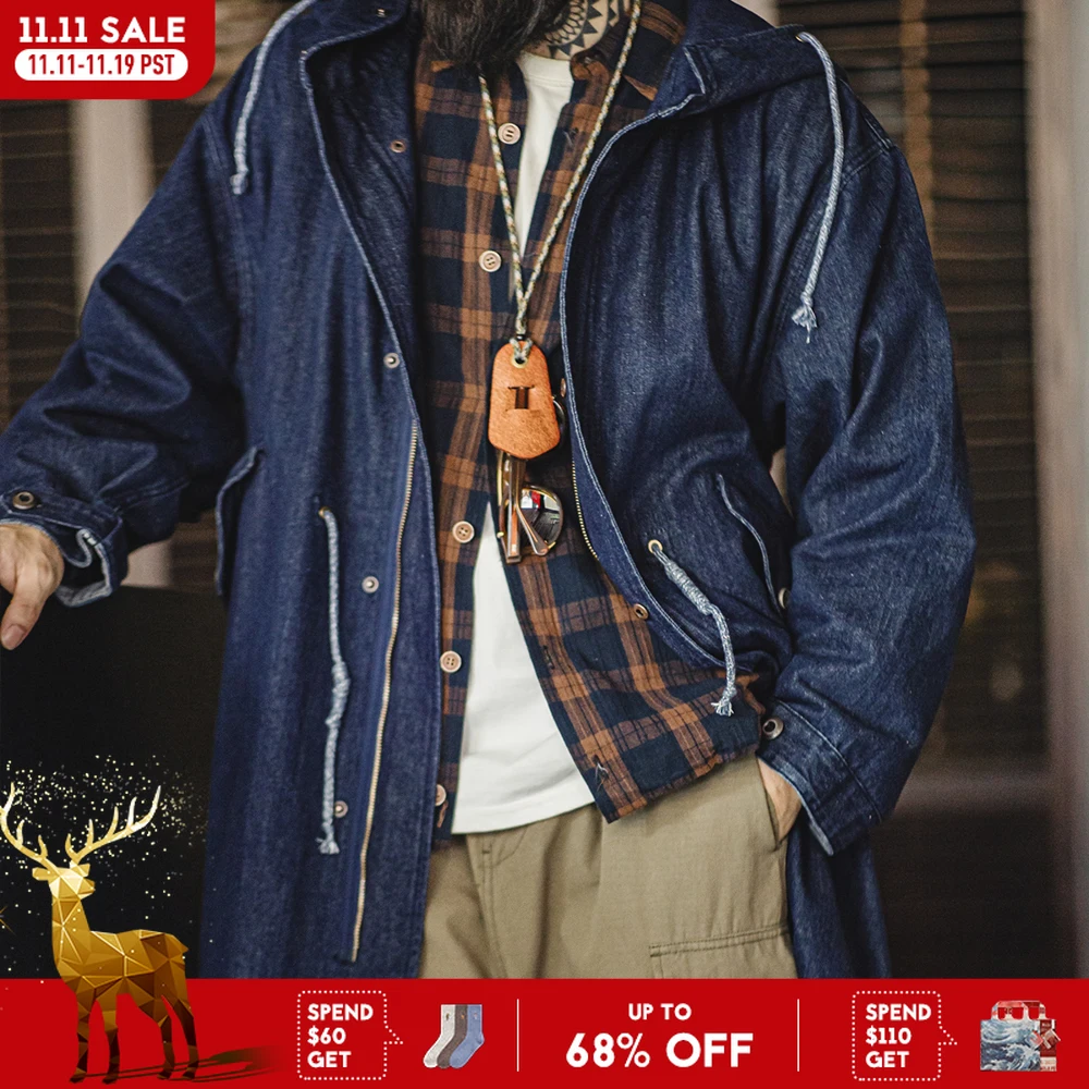 

Maden Vintage 10.2oz M51 Denim Jackets Loose Mid-Length Solid Color Hooded Jackets Fishtail Windbreaker for Men's Coat Fall Tops
