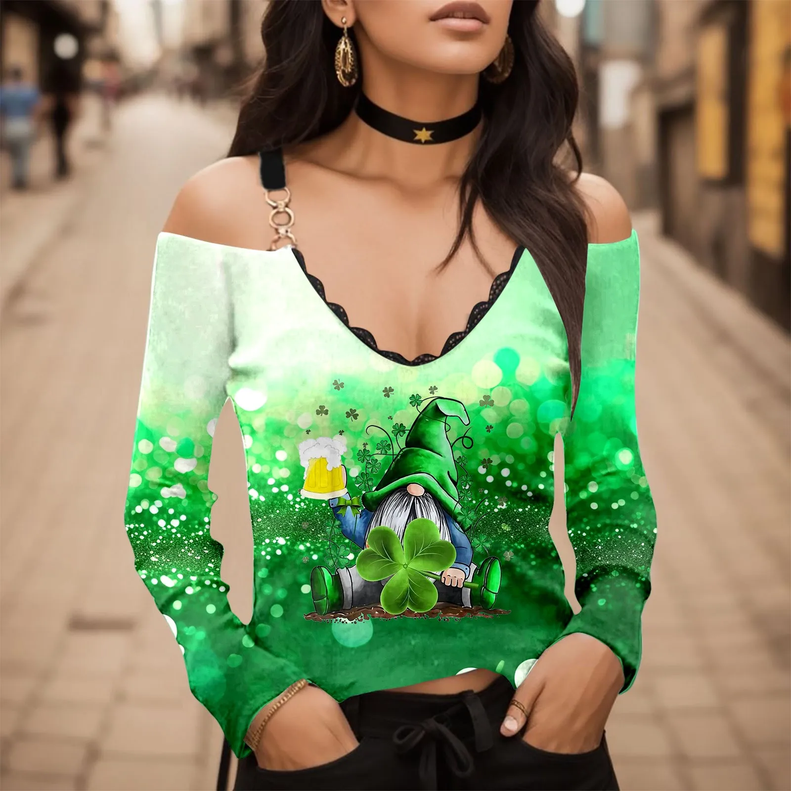 

2024 Aesthetic Summer Slim T-shirt Casual V Neck St. Patrick's Day Green Tee Print Tops Women Long Sleeve Fashion Harajuku Tees
