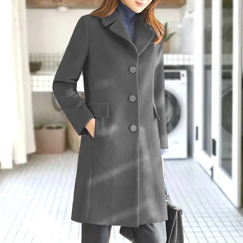Women Long Sleeve Turn-down Collar Woolen Coat Women Solid Pocket Single-Breasted Straight Long Coat Autumn Winter Woolen Coat