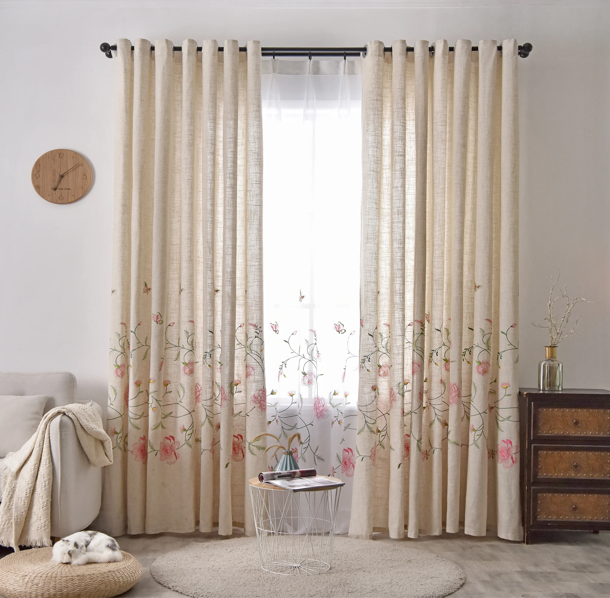 Pastoral Floral Semi-Blackout Curtains for Living Room, Bedroom Modem, Flax Hemp Curtains,Floral Butterfly Embroideried Cortinas