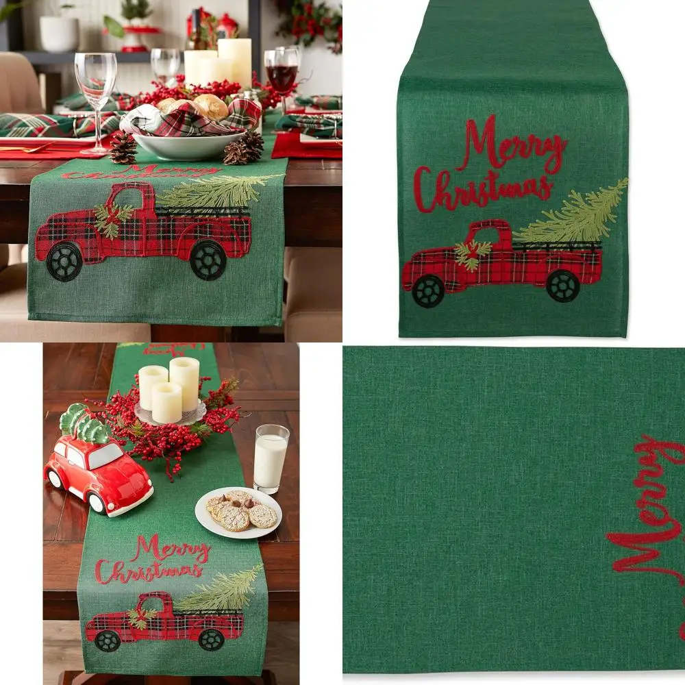 

14x108 Inch Plaid Christmas Truck Embroidered Table Runner for Holiday Dining