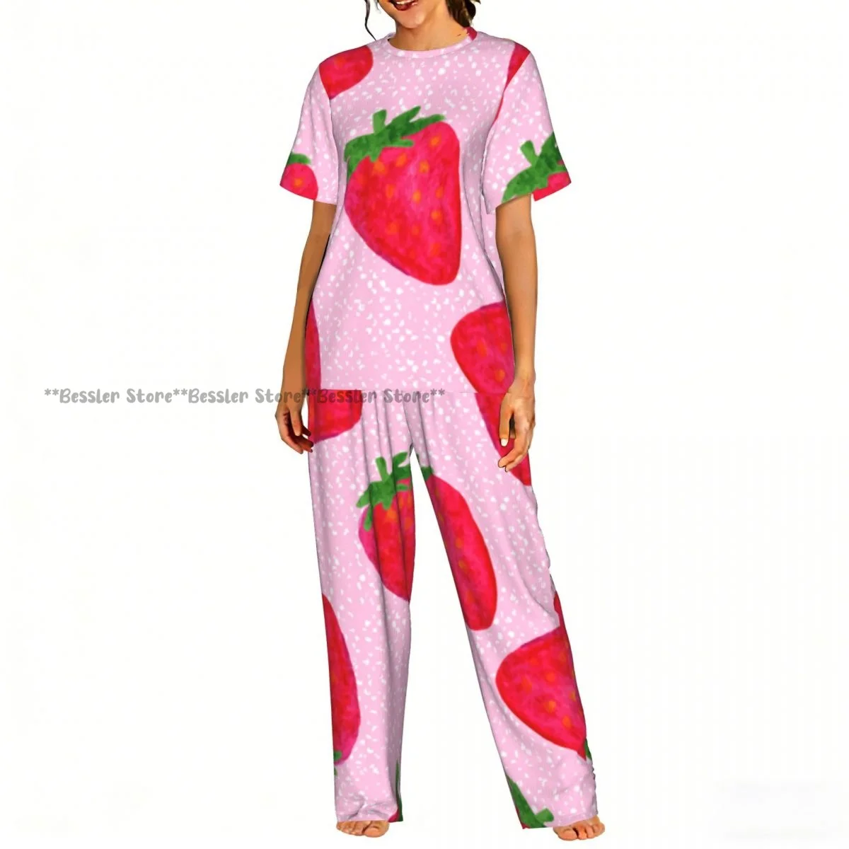 

Watercolor Strawberries Pajamas Set Short-sleeved Women Home Clothing
