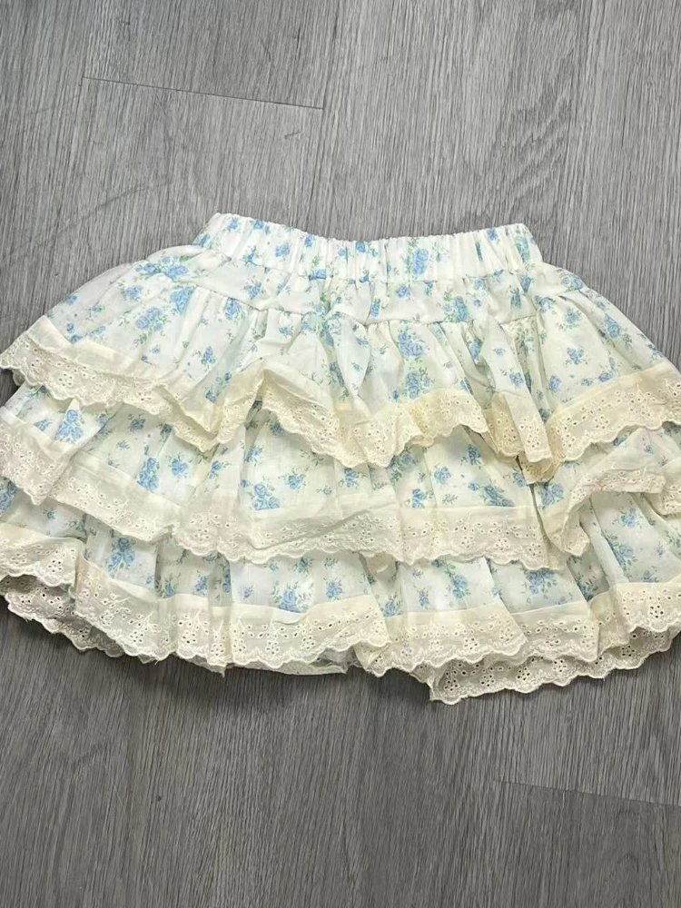 Summer Japanese Style Fashion Cute Floral Skirts Girl New Sweet Lace Fluffy Slim Cake Skirt Harajuku Patchwork Cute Clothes 2025