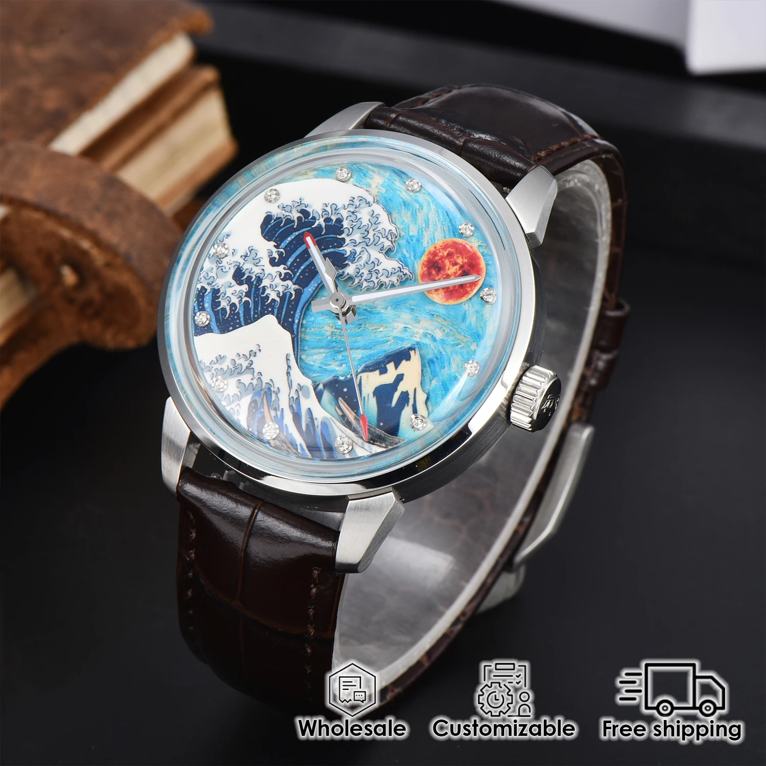 Orologio da uomo personalizzato da 42 mm MIYOTA8215 movimento meccanico automatico Orologio da uomo con quadrante completamente luminoso elemento Kanagawa