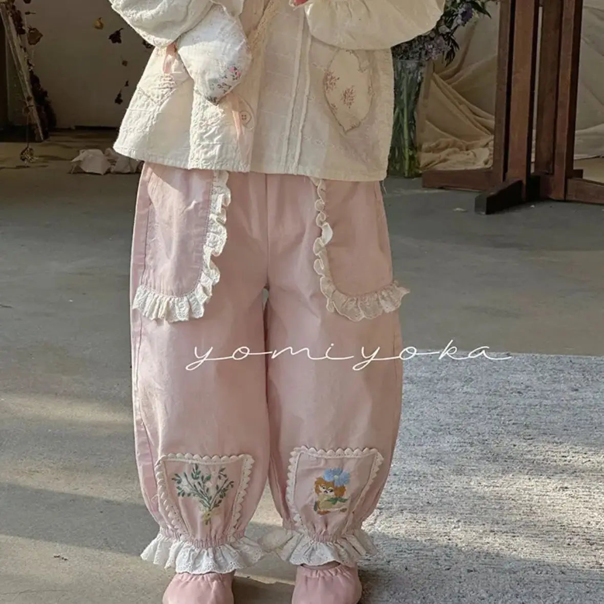

Pants Children Girl 2025 Spring New Style Cotton Pink Lace Ruched Embroidered Joggers Sweet Fashion Casual Distinctive