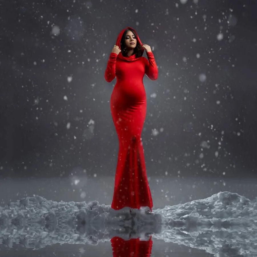 

Full Sleeve Stretchy Shaping Maternity Dress Pregnancy Photography Props Hooded Dress Baby Shower Long Dress