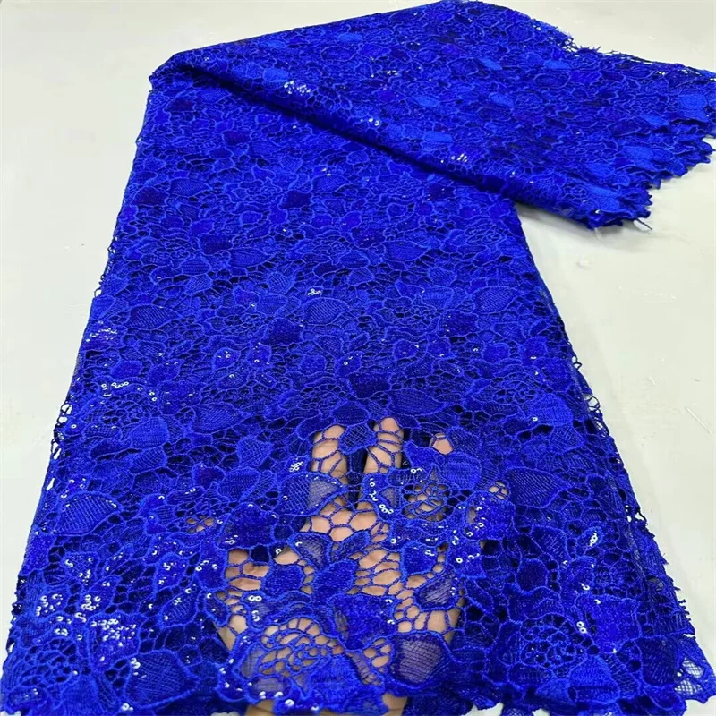 New African Water Soluble Lace Fabric 5Yards 2024 Blue French Nigerian Guipure Cord Lace Fabric For Women Dress Wedding Party