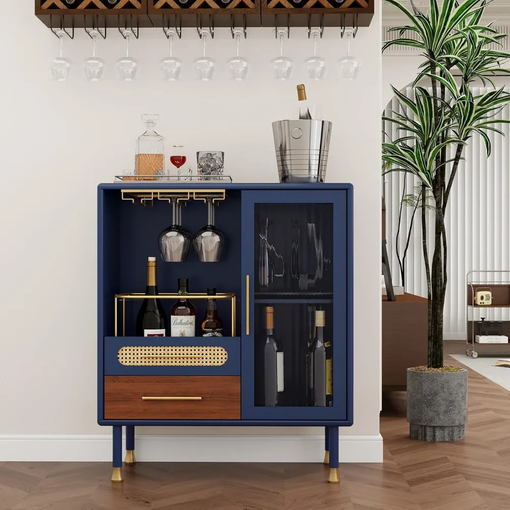 Modern Coffee Bar Cabinet with Wine Glass Rack and Drawers, Blue Liquor Storage Cabinet for Kitchen, Pull-Out Wine Storage Solut