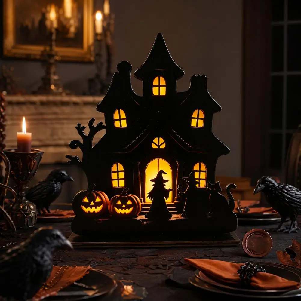 Halloween Decoration Witch Wooden Table Centerpiece Spooky Castle Black Cat Ornament Halloween Hinged Haunted House for Home