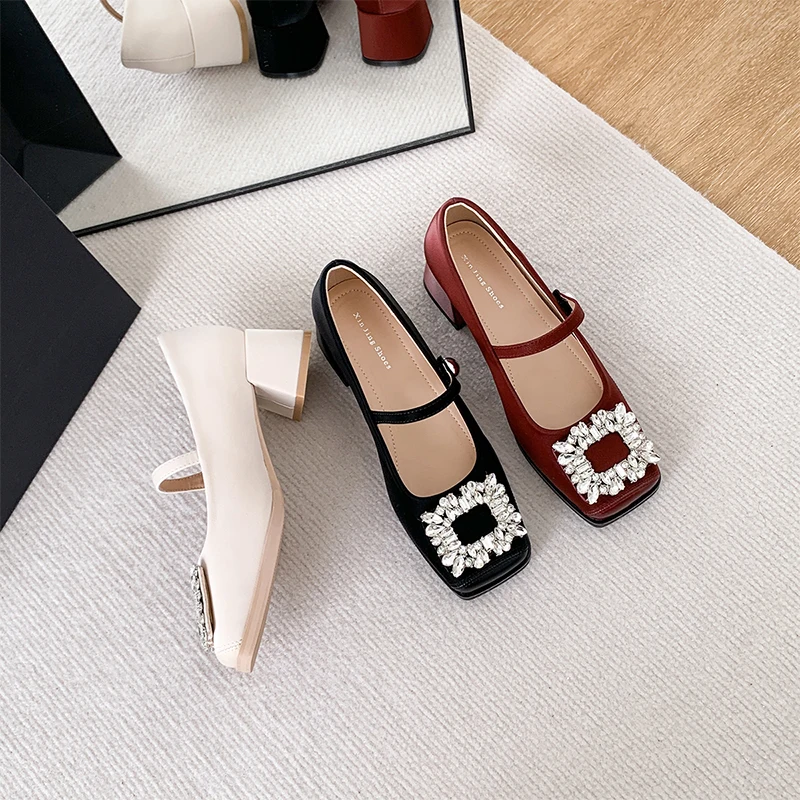 Advanced French diamond black Mary Jane shoes fragrant style high-heeled shoes late shoes spring and summer vintage shoes