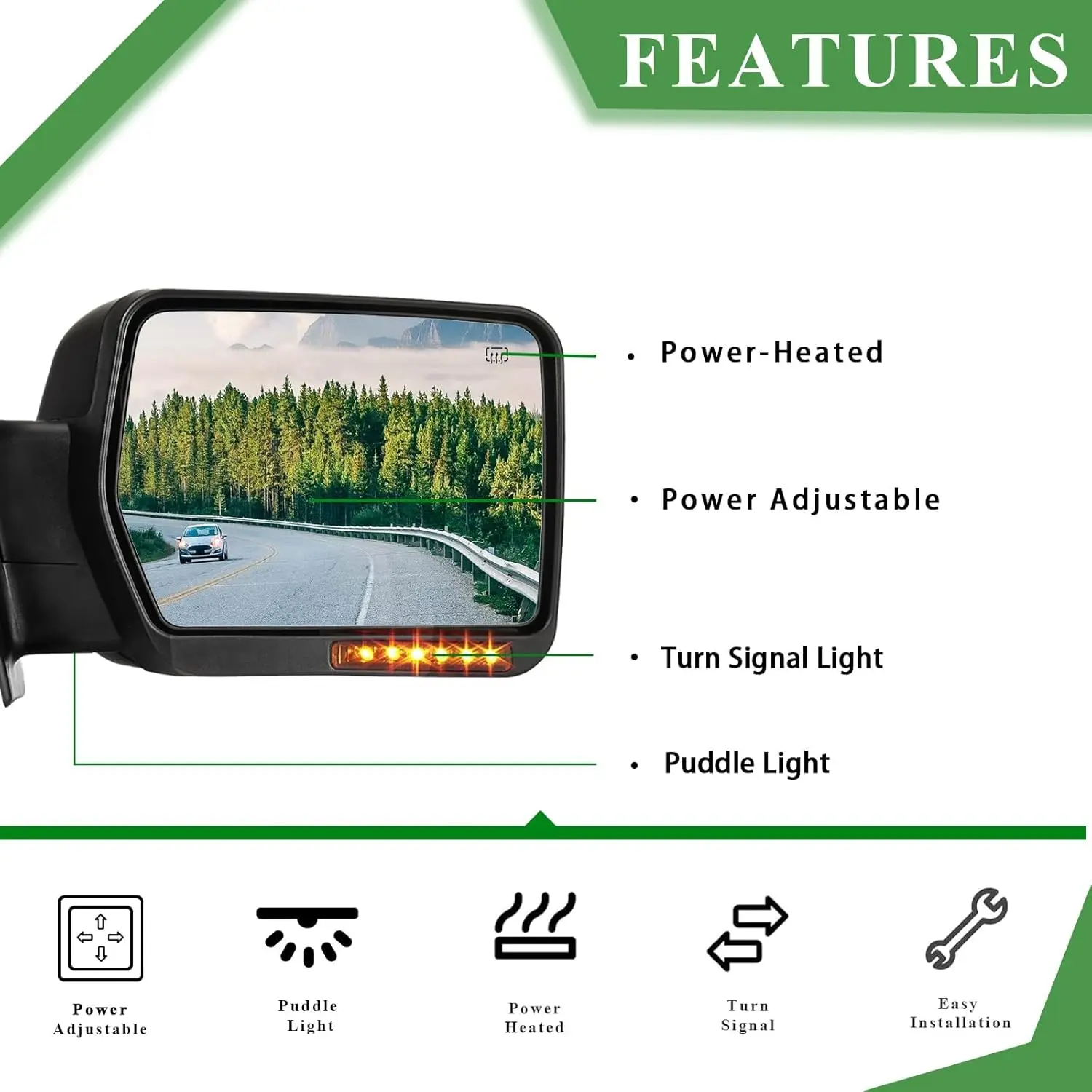 Towing Mirrors for 2007-2014 Ford Trucks, Plastic, Black, Power Heated with Amber Signal Light