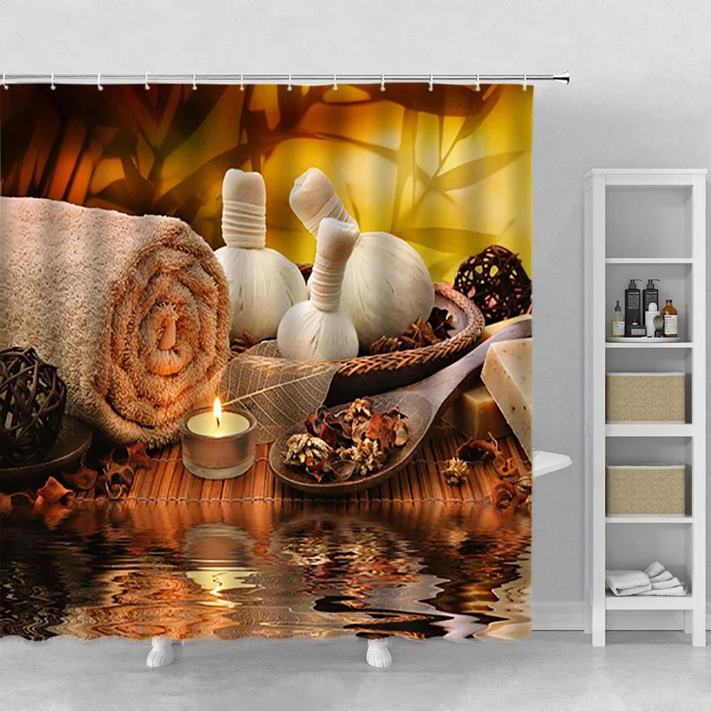 Zen Stone Green Bamboo Shower Curtains Lotus Stream Spa Landscape Bathroom Waterproof Bath Curtain Fabric Home Bathtub Decor