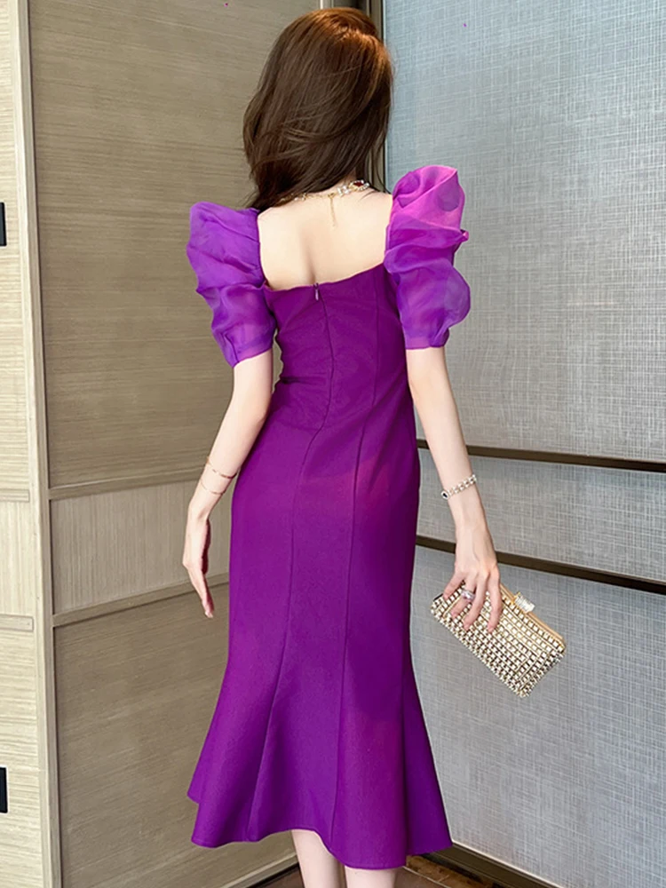 Abito lungo viola vintage francese Donna Stile elegante Maniche a palloncino Avvolgente Abito a coda di pesce Abito lungo Abiti da ballo per feste femminili