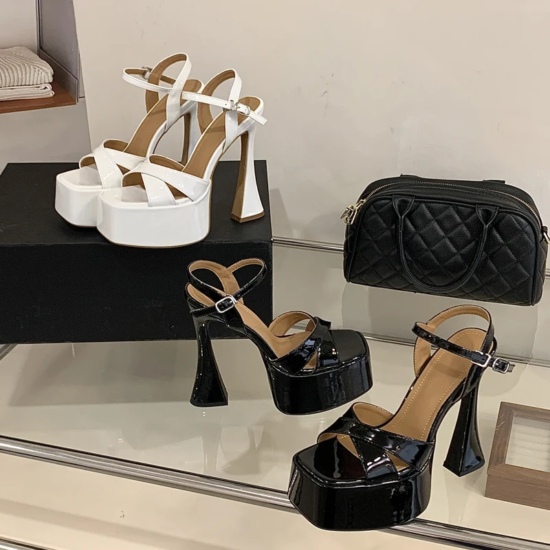 

Aneikeh Summer Lacquer Leather Square Head Women Sandals Fashion Thick High Heels Buckle Strap Party Pumps Shoes
