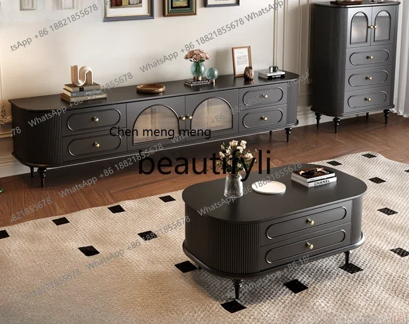 

K182French retro solid wood TV cabinet coffee table combination simple modern paint floor TV cabinet