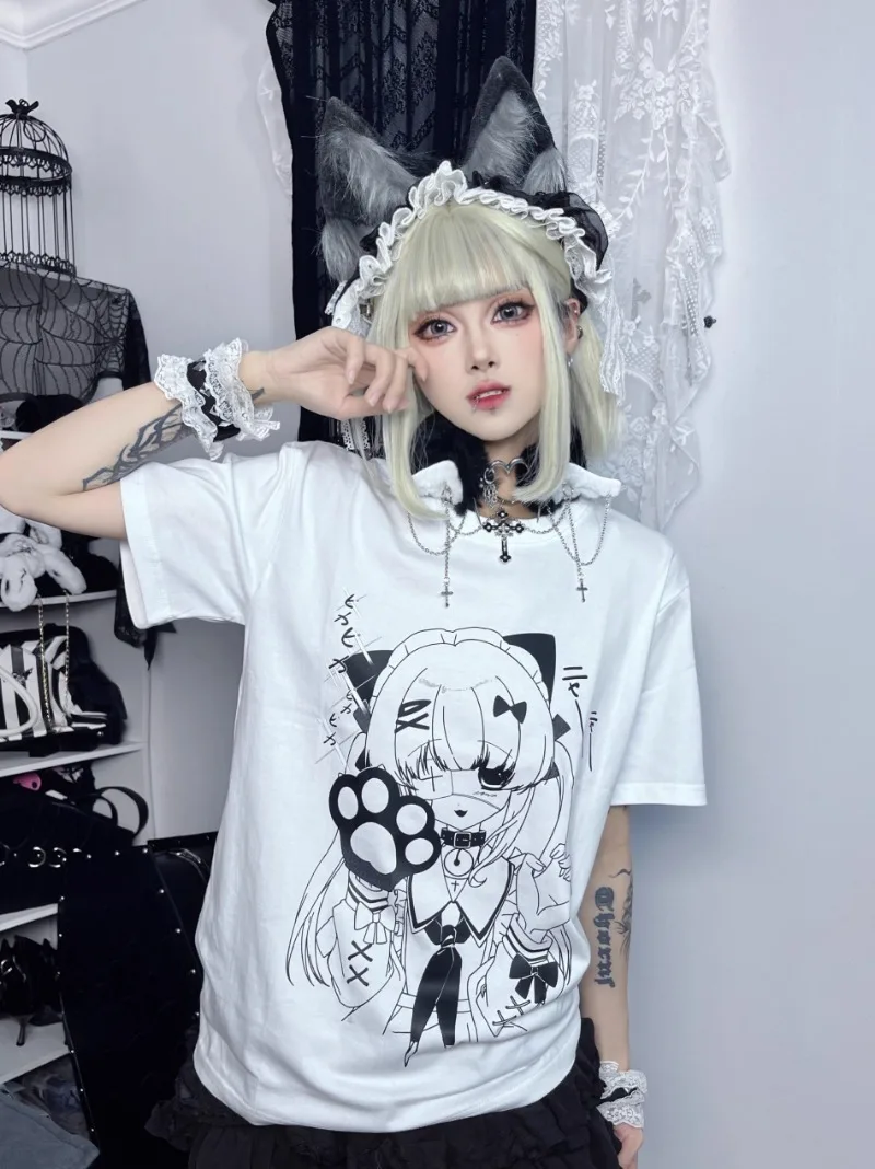 New Japanese Leisure Loose Bow Tie Girl's Cotton Short-Sleeved Top Shoulder Two-Dimensional Sub-Culture T-shirt Versatile Summer