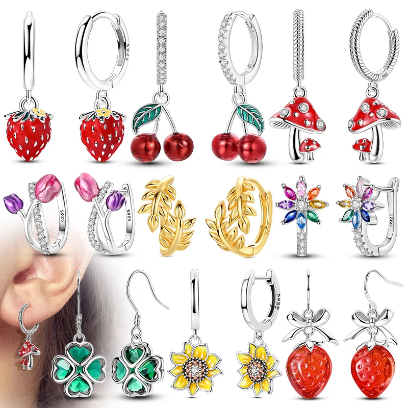 Pendientes de Plata de Ley 925 con Circonitas Brillantes, Diseño de Flor de Cerezo, Arcoíris, Hongo, Iris, para Mujer, Joyería para Fiesta, Regalo