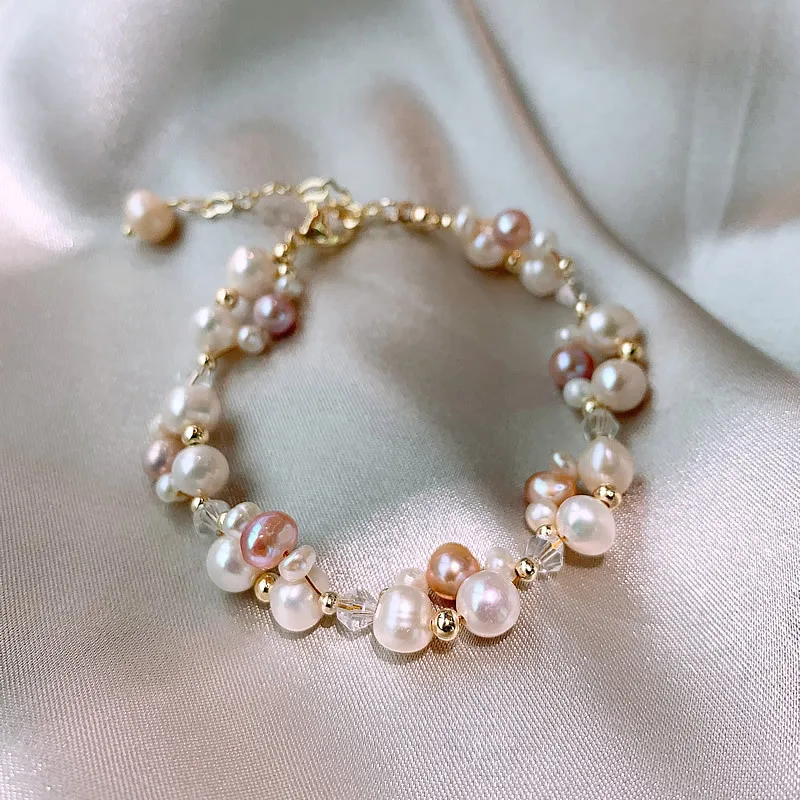 100% Natural Freshwater Pearl & Crystal 14K Gold Filled Female Jewelry Sets For Women Necklace Bracelet Wholesale Gifts No Fade