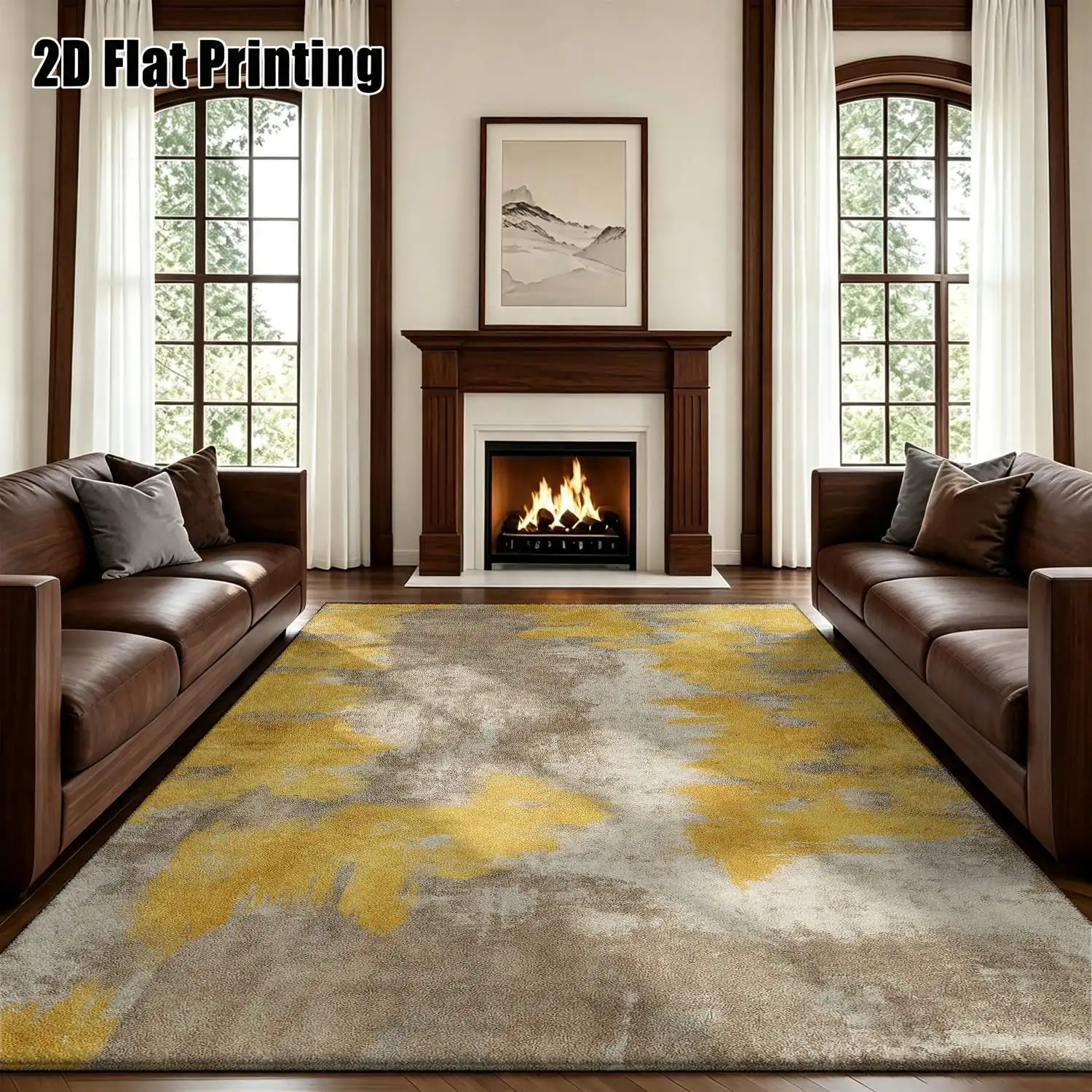 1Pc 2D Printed Carpet: Yellow-Grey Abstract Art, Nordic/Instagram/Minimalist/Retro Style, Home Decor Rug, Multi-Size, Machine Washable, for Living Room, Bedroom, Dining Room, Entryway, Study