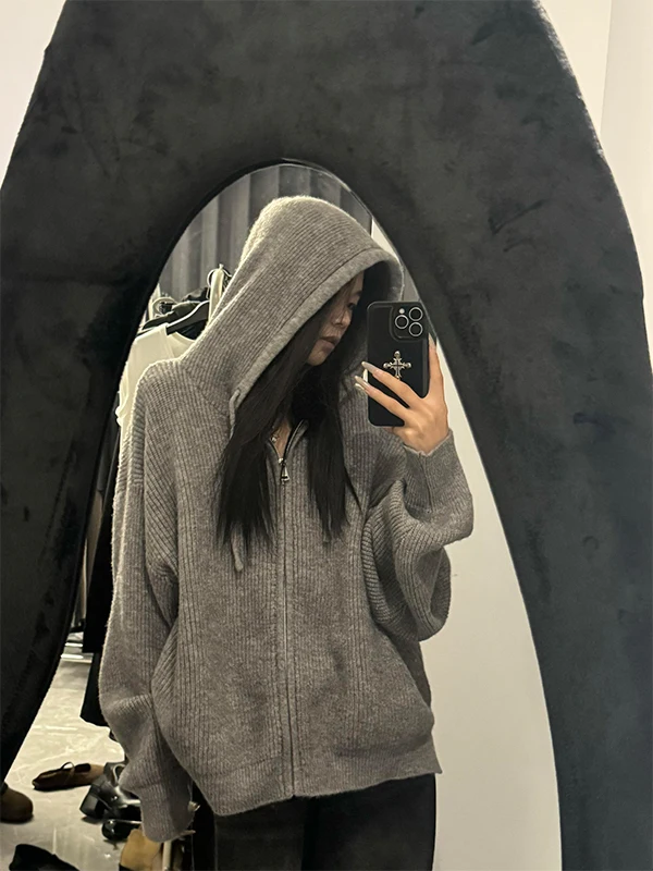 

ay Long Sve Hooded Knitted Sweater Women's Autumn Winter Warm Loose Slimming Lazy Sle Coat Zipper Cardigan Korean Sle