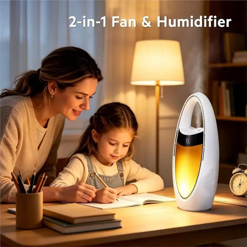 BABZ Portable Bladeless Tower Fan, 9 Speeds 70° Oscillation Water Cooling LED Night Light, Battery Powered Rechargeable for