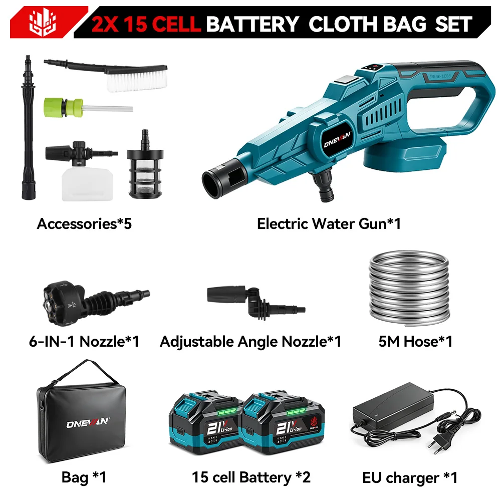 ONEVAN 200Bar Borstelloze Hogedrukreiniger Pistool 3500W 6in1 Draadloos Spuitpistool Auto Tuin Wasmachine Tool Voor Makita 18V Batterij Pin