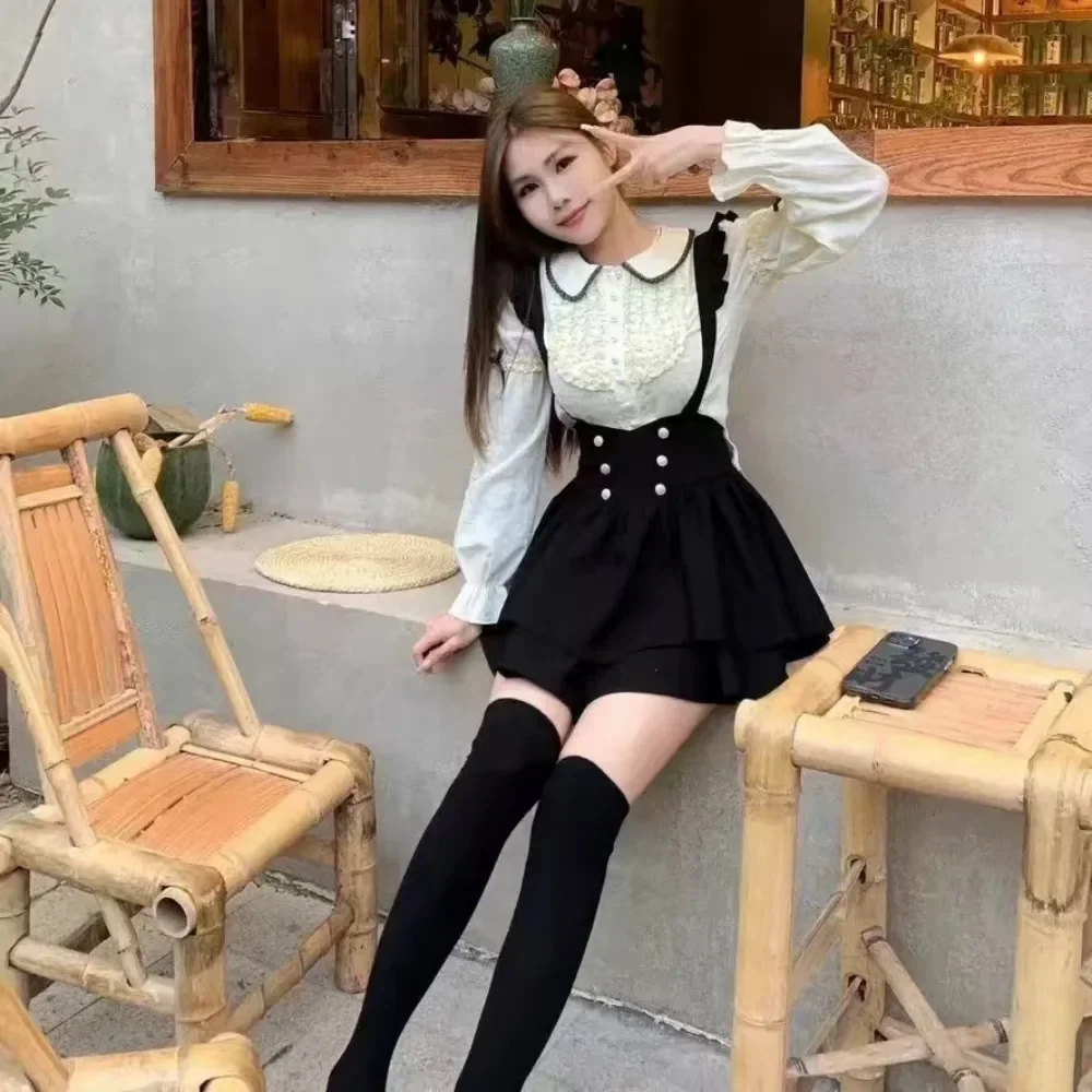 Japanese Gothic Y2k Preppy Style Sweet Lolita Women\'s Skirt Sets Doll Collar Kawaii Top + Suspender Skirt Lolita Clothes