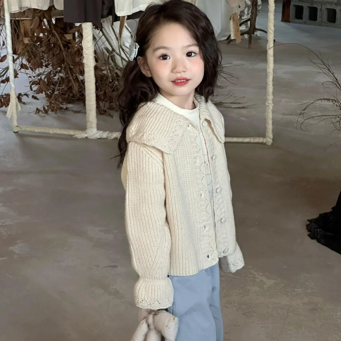 Girls Suits 2024 Autumn New Childrens Clothes Girl Baby Foreign Style Large Lapel Needle Sweater Loose Pants Two-piece Set