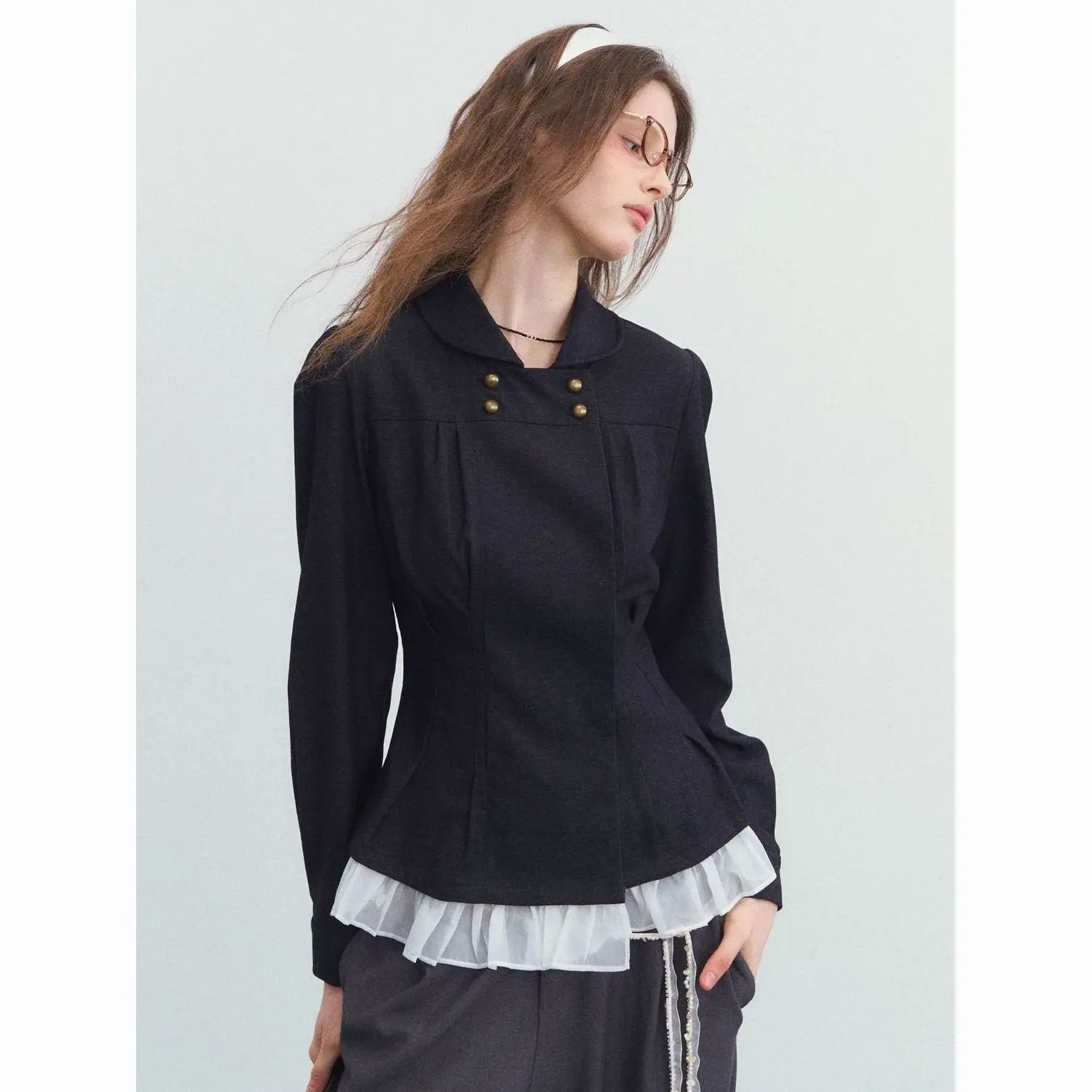 Women's Retro Pleated Shirt Double Breasted Blouse Ruffle Hem High Waist Top