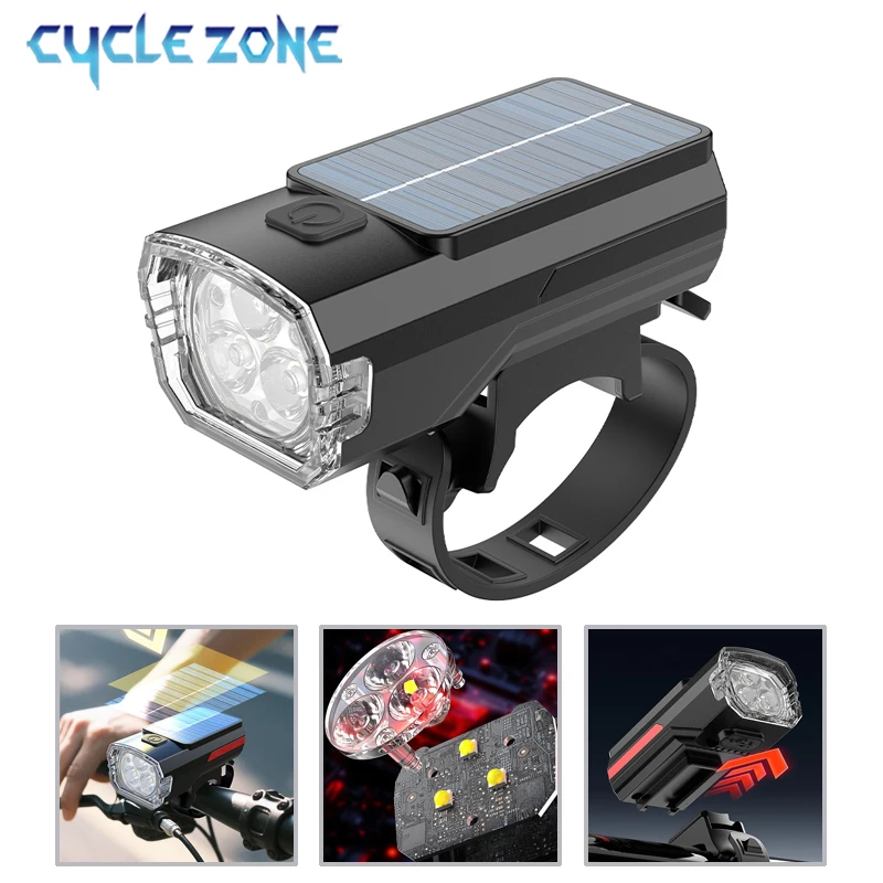 【セール中】自転車ソーラー充電フロントライト広角 MTB ロードバイク 3 LED ヘッドライト懐中電灯取り付け簡単サイクリング Accessoreis