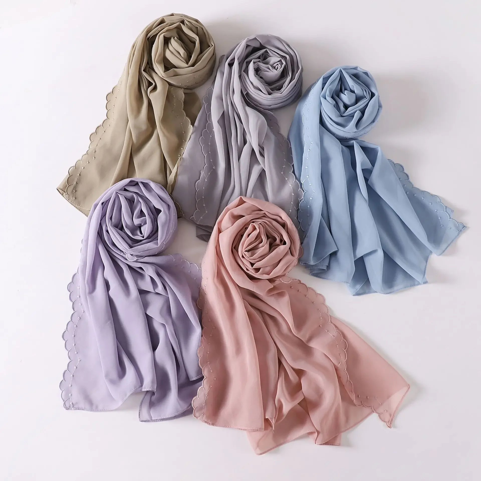 New Embroidered Shawls Chiffon Hijab Scarf Hijabs for Woman Turban Solid Color Scarves Head Wrap for Women Bandana Headband