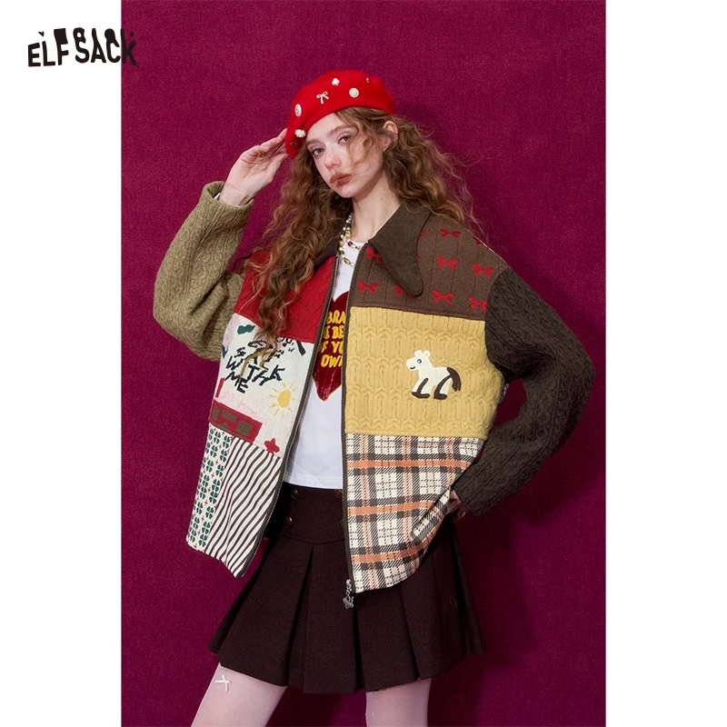ELFSACK Women Padded Jacket 2026 Winter Suede Knit Patchwork Bow Collar Pony Graphic Loose Fit Casual Coat