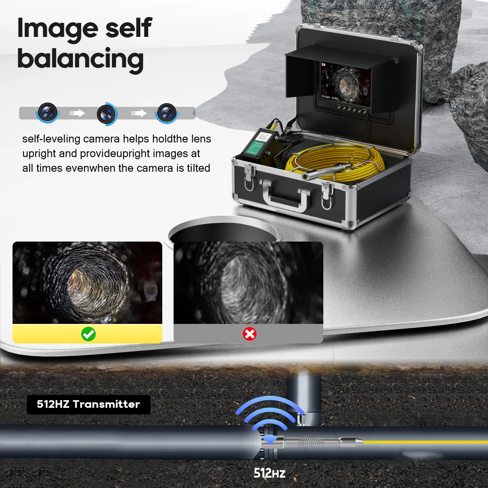 Sewer  Inspection Camera -512Hz Self-Leveling Sewer Camera with 4500mAh Battery, IP68 Waterproof Endoscope Camera with12 LEDs